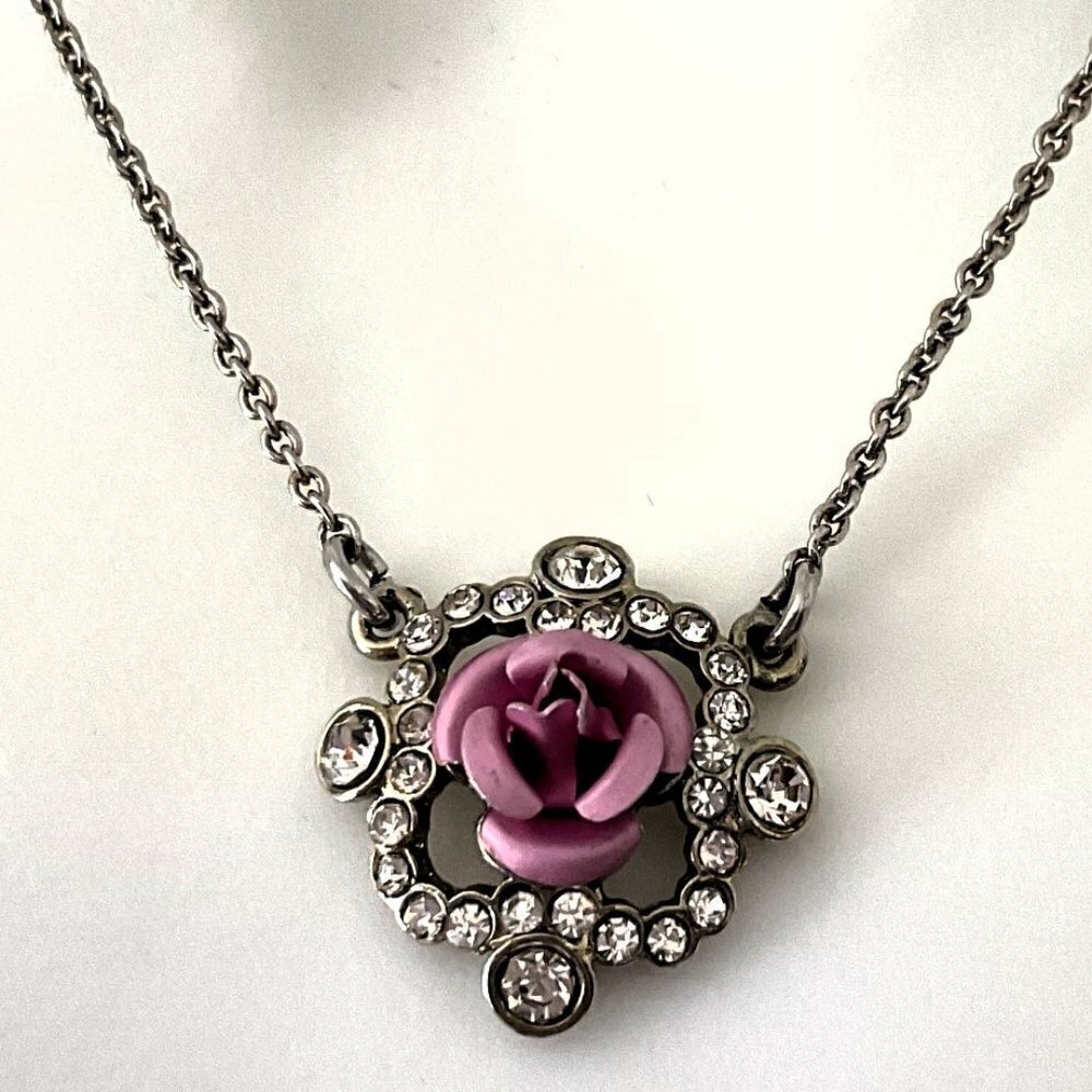 Vintage Signed NRT Pink Rose Caged Pendant Necklace Romantic Shabby Chic 80s/90s